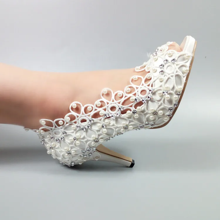 

2019 New arrival Womens weddding shoes Bride White Lace shoes woman High heels Pumps Peep Toe Platform shoes Bridesmaid high