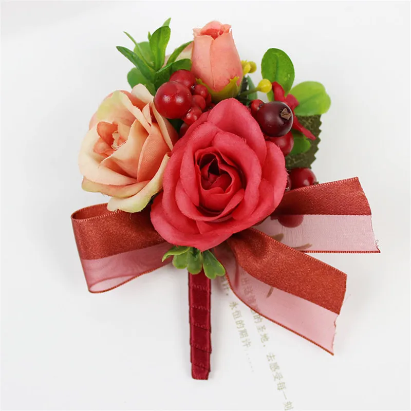 Men Boutonniere Bridesmaid Sisters Wrist Corsage Artificial Bride Hand Flowers For Wedding Prom Party Decor Beautiful Rose Bunch