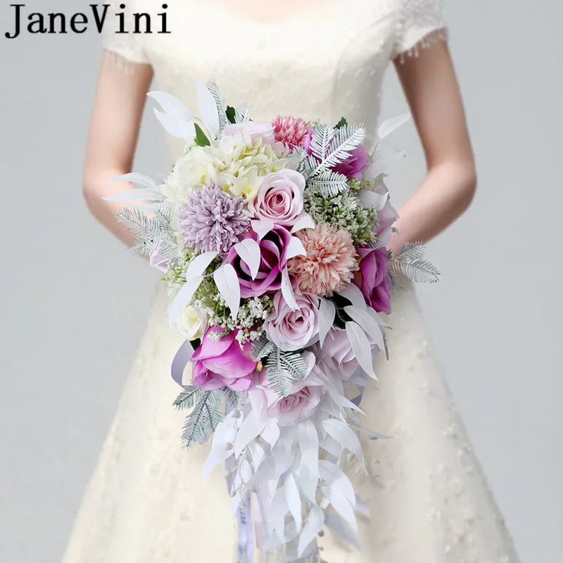 

JaneVini 2019 Waterfall Macaron Wedding Bouquet Flowers Pink Purple Rose Artificial Water Drop Pearl Bridal Bouquet De Mariee