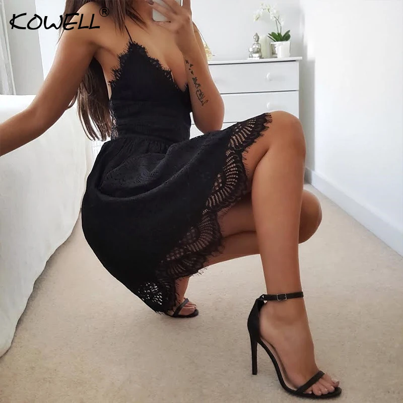 

2020 Backless Spaghetti Strap Sexy Lace Dress Women Sleeveless V-Neck Loose Summer Dress Cotton Black Elegant Party Dresses