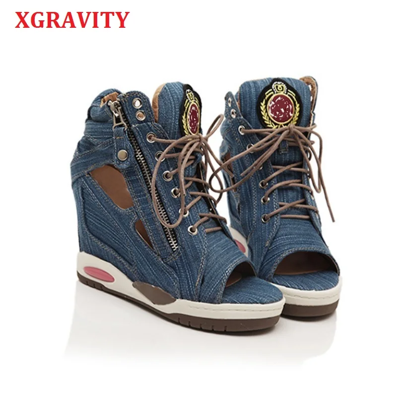 

Сандалии XGRAVITY женские на танкетке, модные элегантные удобные босоножки из денима, с открытым носком, в европейском и американском стиле, B057