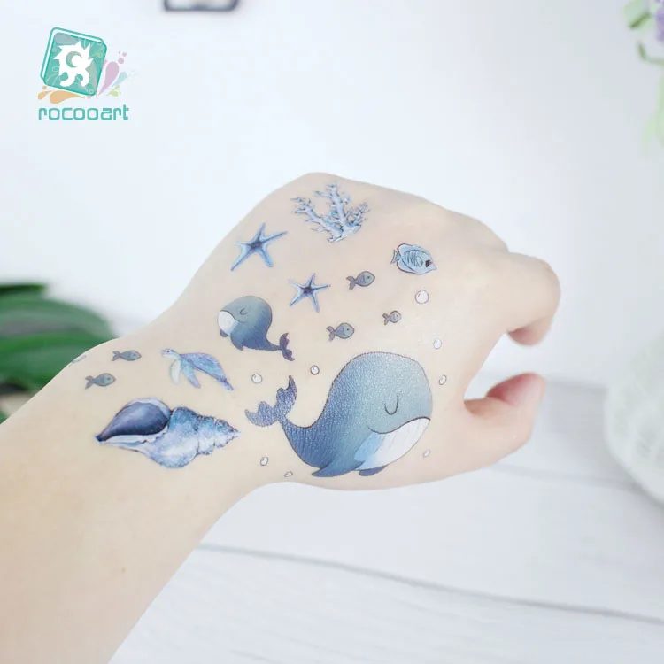 1pcs Cartoon Blue Ocean Series Temporary Tattoo with Whales Jellyfish for Kids Children Fake Body Waterproof Tattoo Sticker