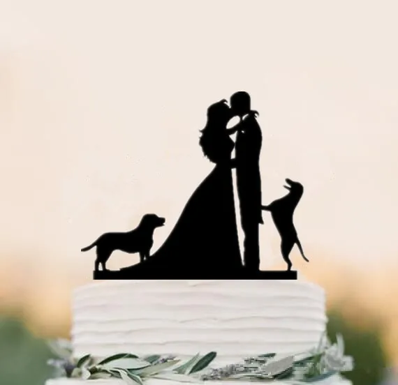 Mixed Style Black Acrylic Bride and Groom Silhouette with Pet Dog Cat Mr & Mrs Toppers for Wedding Cake Decorating Accessory
