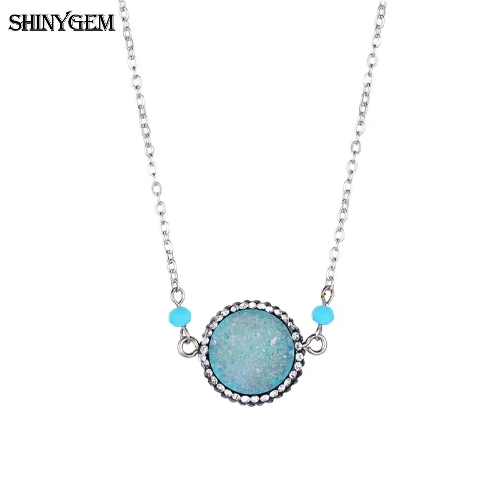 

ShinyGem Fashion Blue Opal Crystal Necklace Silver Color Chain Necklace Round Natural Druzy Crystal Pendants Necklaces For Women