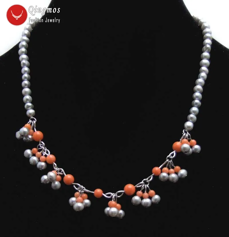 Qingmos Trendy Natural Pearl & Coral Chokers Necklace for Women with 5-6mm Gray Pearl and 3-7mm Pink Coral 17'' Necklace nec6320