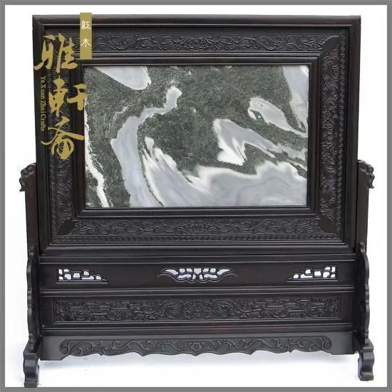 [TZ] Zhai mahogany crafts ebony inlay marble landscape plaque mahogany table screen Home Furnishing ornaments