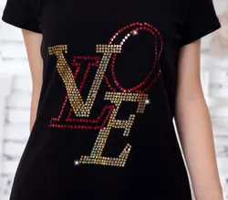 2pc/lot Fashion Sequins T-shirt Love letter decoration hot fix rhinestone motif iron on crystal transfers design rhinestones