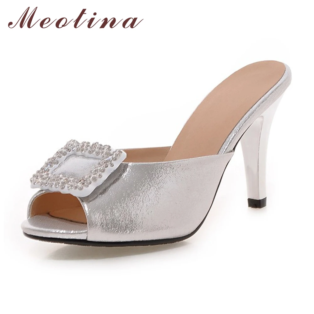 Meotina Women Sandals Summer Peep Toe Slippers Party Shoes High Heels Ladies Shoes Crystal Wedding Heels Sliver Large Size 34-43