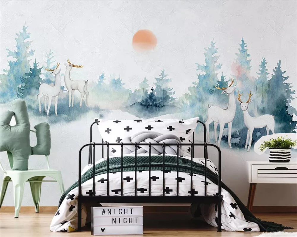 

Beibehang Custom wallpaper Mediterranean hand painted watercolor white deer wood TV background walls Decorative 3d wallpaper