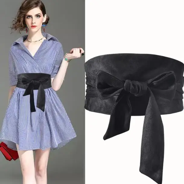 Women's runway fashion solid velvet Cummerbunds female Dress Corsets Waistband Belts bow decoration wide belt R999