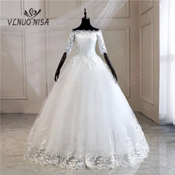 Half Sleeve Wedding Dresses 2024 New Korean Vintage Lace Appliques Embroidery Sequined Gown Bridal Vestido De Noiva MD