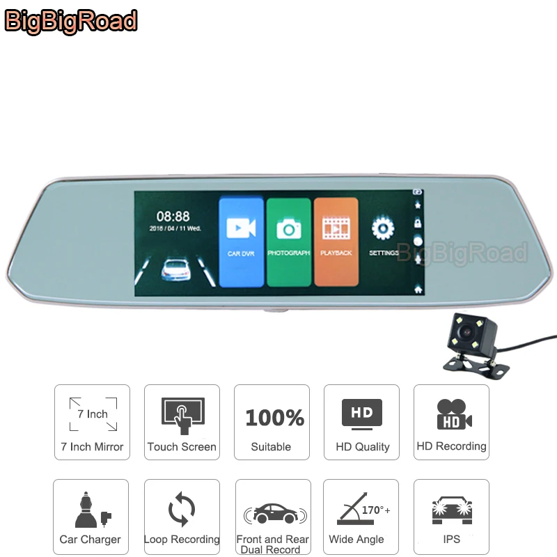 

BigBigRoad For Ssangyong Kyron Actyon Rexton 2 Korando Rodius Musso Car DVR 7 Inch Touch Screen Rear View Mirror Video Recorder