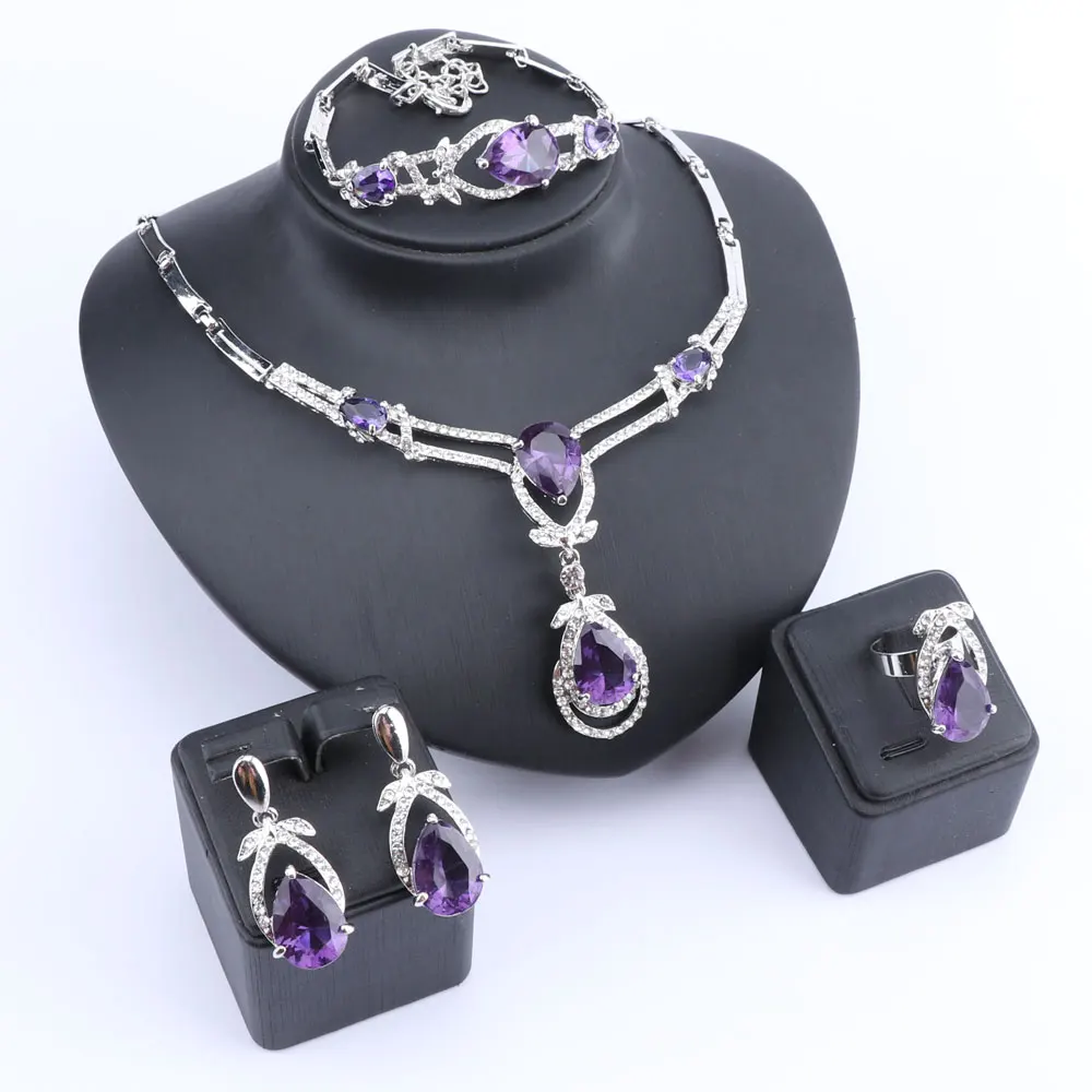 Women Gold Color Purple Zircon Crystal African Beads Necklace Bracelet Earring Ring Saudi Jewelry Set Party Bridal Decoration