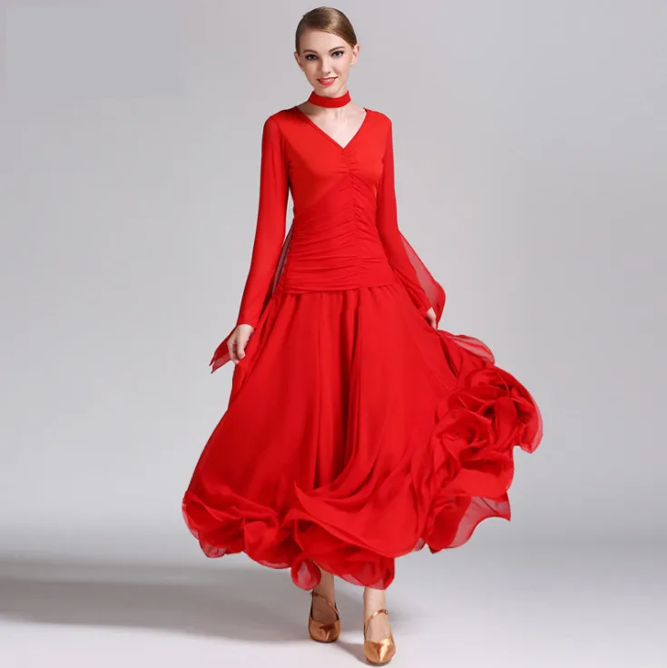 Chiffon Long Sleeves Standard Competition Ballroom Dance Dress For women One Piece Adult Modern/Waltz/Latin Dancing/Dancewear