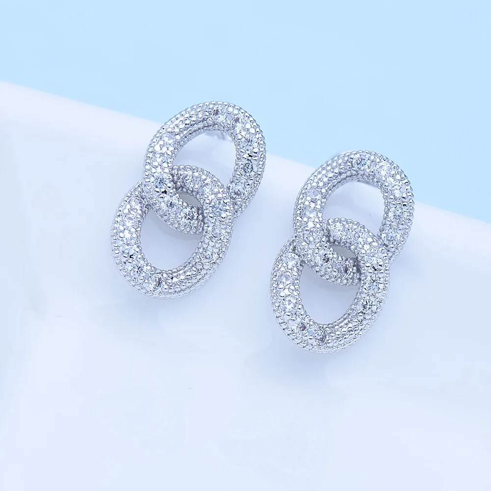 LUOTEEMI 2 Small Round Connected Stud Earring For Women Bridal Wedding Twisted Silver Color Korean Unusual Design Zircon Earring