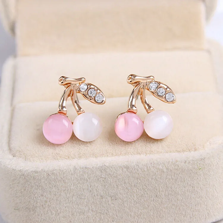 Fashion Lovely Pink White Cherry Statement Earrings Rhinestone Leaf Bead Stud Earrings For Woman Jewelry Boucle D\'oreille Femme