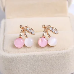 Pendientes llamativos de cereza blanca y rosa para mujer, aretes con diamantes de imitación, cuentas de hoja, joyería