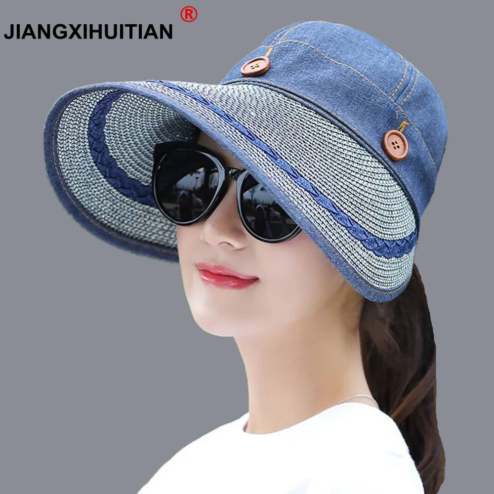 

Новые женские шляпы с широкими большими полями, летняя пляжная шляпа, соломенная шляпа на пуговицах, летние шляпы для женщин, козырек с УФ-защитой, женская шапка