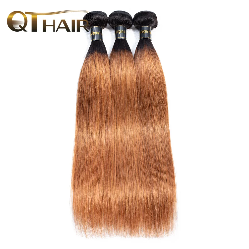 QT T1B/30 Dark Blonde Straight Human Hair Weaves 3 Bundles One Pack 2 Tone Ombre Dark Romance Peruvian Non-remy Hair Bundles