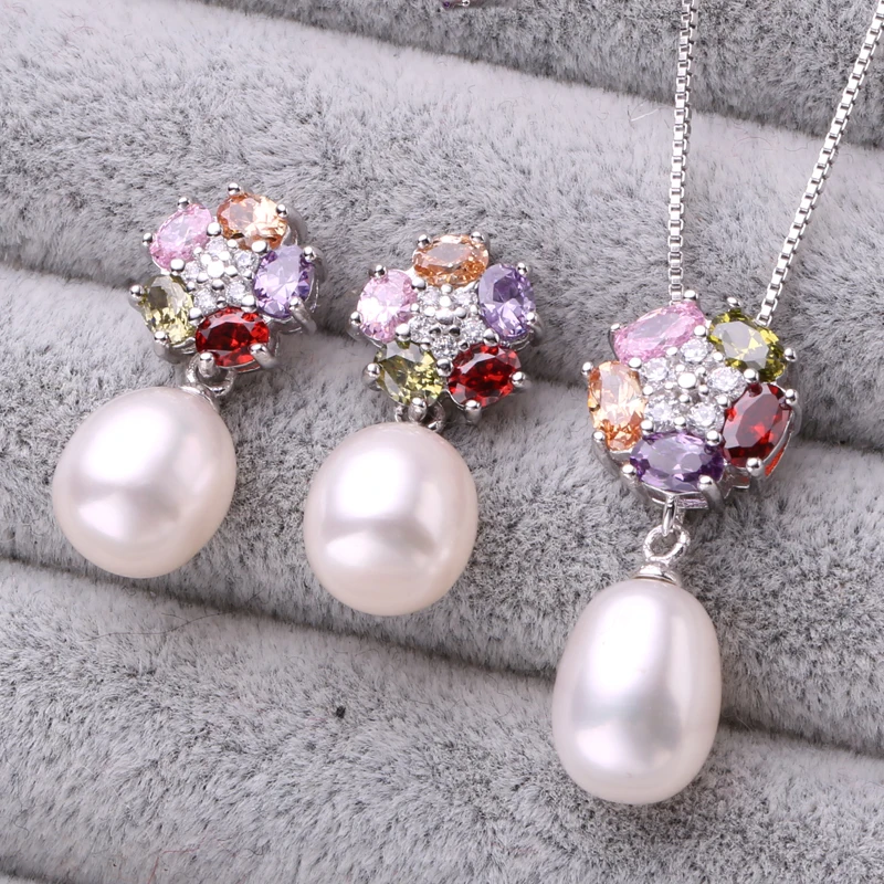 Jewelry sets,Natural freshwater pearl jewelry gifts accessories for women,pearl silver pendant necklace stud earrings ring sets