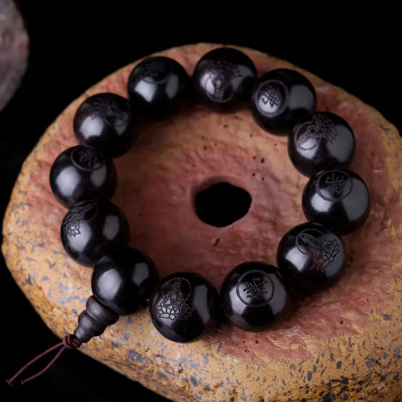 

Natural Ebony 15mm 20mm Beads Buddhist Prayer Bracelets Great Sculpture Buddha Bracelet Men Women Meditation Jewelry