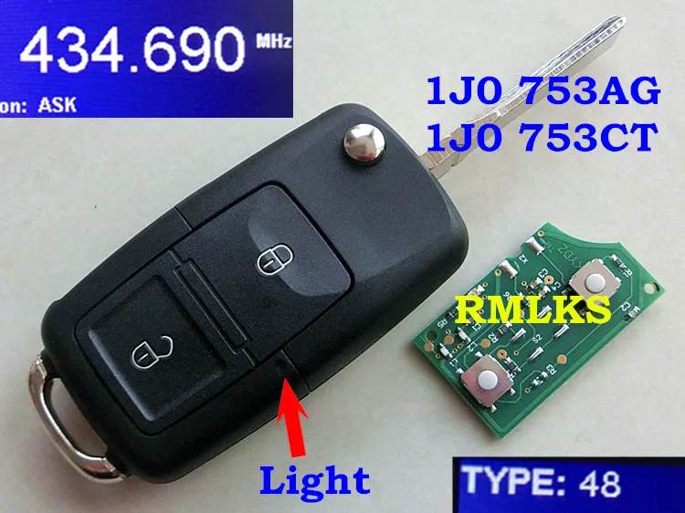 

Складной дистанционный ключ RMLKS, брелок для ключей с чипами 433 МГц ID48, подходит для VW Bora Golf Passat транспортер поло 1J0 959 753 AG 1J0959 753CT