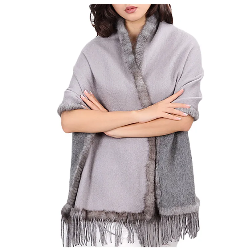 luxury fur poncho women spring autumn winter natural mink fur trim 100% pure cashmere gray double color S25