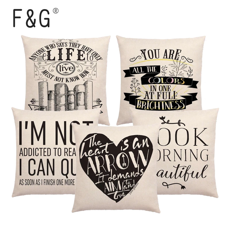 Graceful Language Words Cushion Cover Black And White Style Book Printing Pattern Household Decoration Sofa Pillow Cover