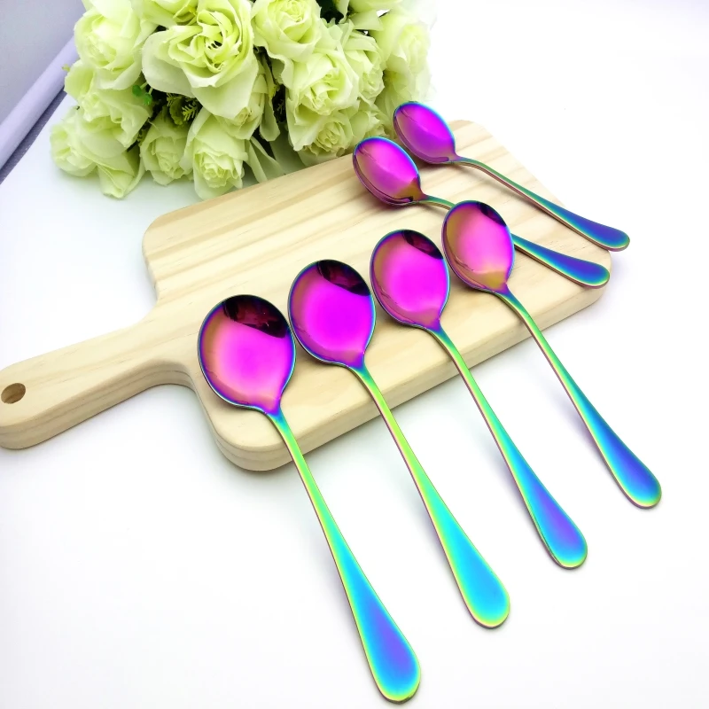 Cucharas Dessert Spoon Honey Spoon Rainbow Ladle Stainless Steel Scoop Mirror Polished Soup Ladle Round Head Spoon Cutlery3/6pcs