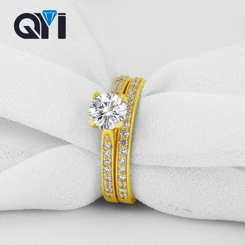 

QYI 1 Ct Moissanite Diamond Wedding Rings Sets 14K Solid Yellow Gold Round Engagement Women Customized Ring