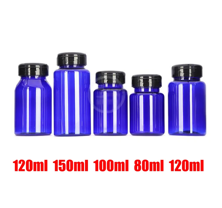 100pcs Blue Color Medicine PET Bottles,Capsules/Pills/Powder/Vitamin Plastic Bottles --Black Flip Caps 80ml/100ml/120ml/150ml