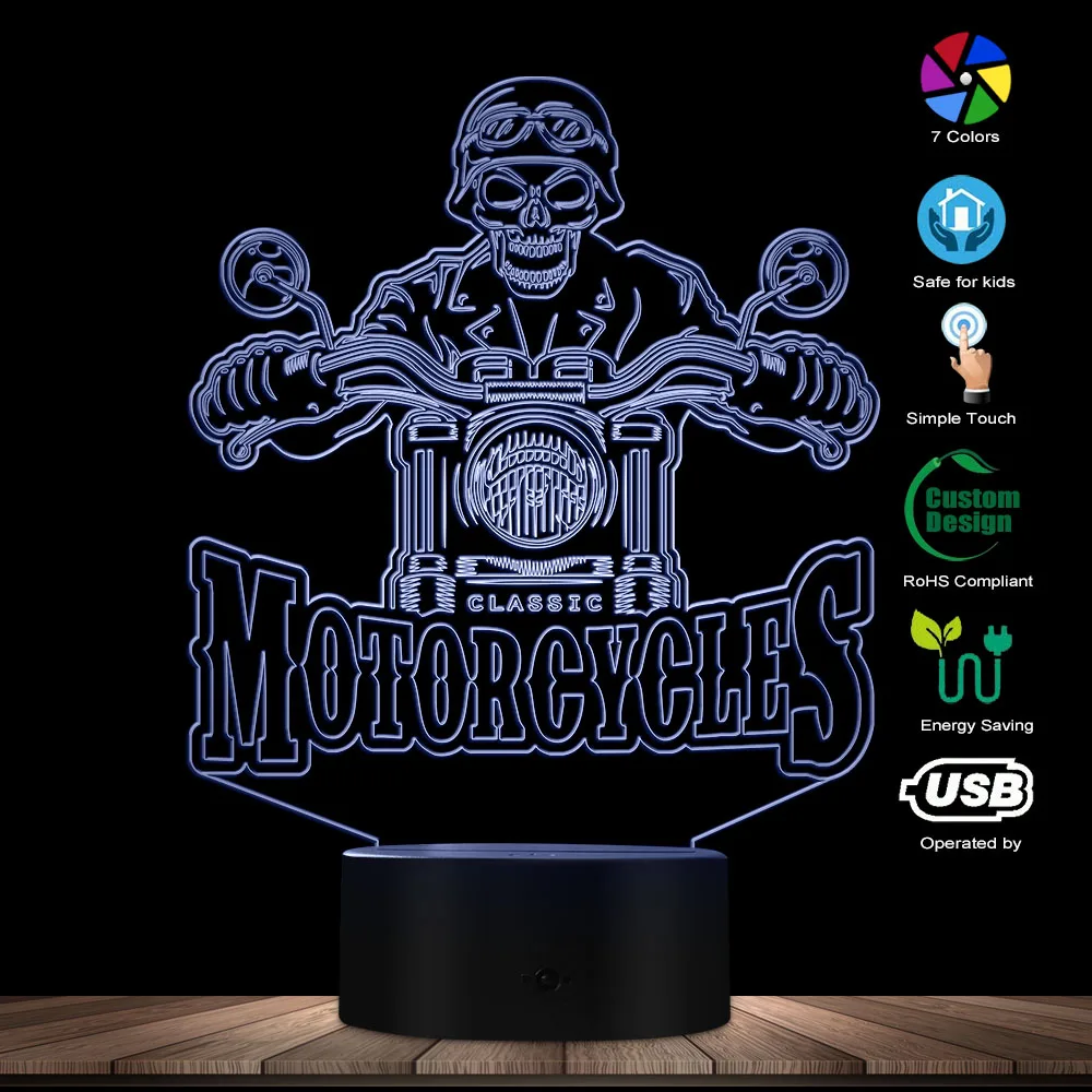 Motorcycles Skull Rider 3D Optical Illusion Lamp Gift For Motorcyclist Bike Riders Night Light Skull Biker Creative Visual Lamp