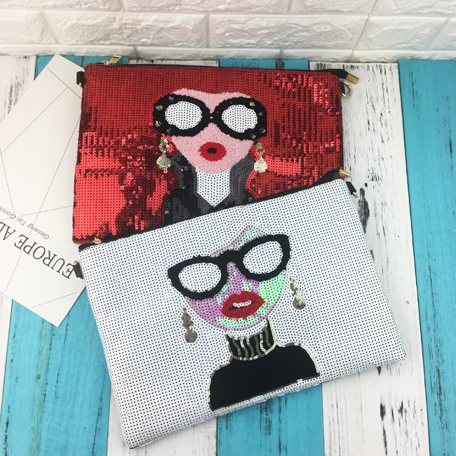 New style cartoon woman pattern sequins ladies envelope bag daily clutch shoulder bag handbag female crossbody messenger bag