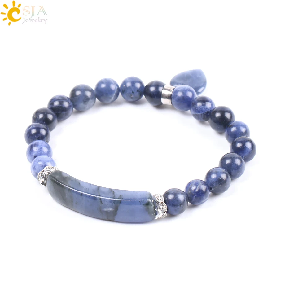 CSJA Natural Stone Sodalite Bracelets Beaded Bracelet for Women Men Love Heart Blue Beads Stretch Healing Buddhist Prayer F109