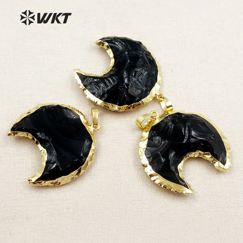 

WT-P1322 New Design Black Obsidian Crescent Moon Pendants for Women Necklace Natural Quartz with Plated 2018 Fashion Jewelry