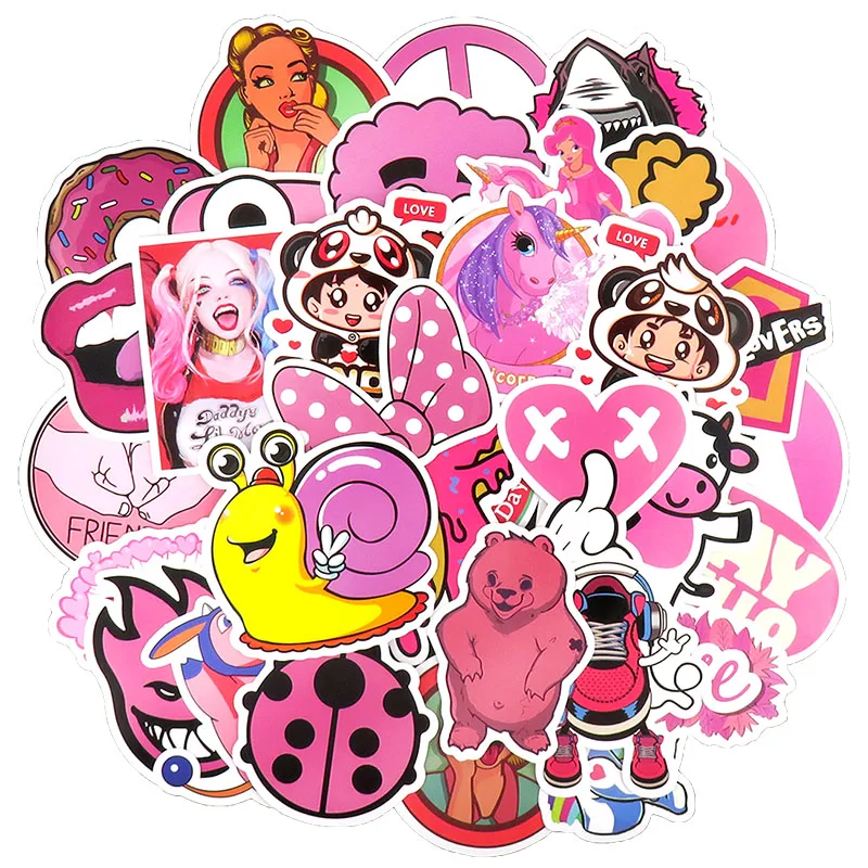 50 Pcs Pink Cute Cartoon Sticker for Laptop Phone Suitcase Guitar Skateboard Motorcycle Bicycle Graffiti DIY Waterproof Stickers