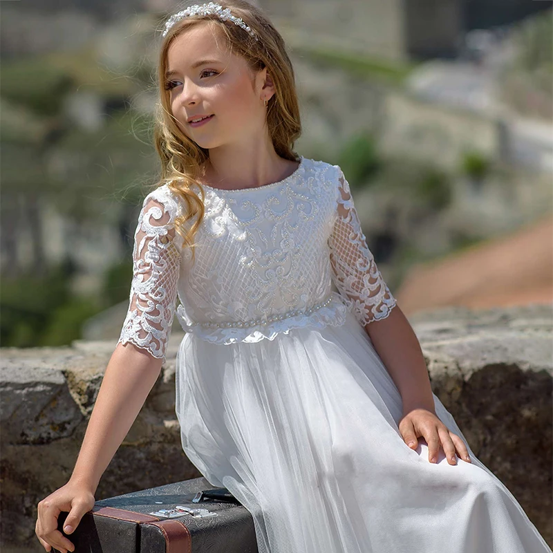 

Princess Soft Tulle White Puffy A Line Lace Flower Girl Dresses Girls Pageant Dress First Communion Dresses Party Gown