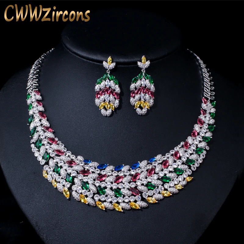 CWWZircons Shiny Multi Color Cubic Zirconia Large Heavy Bridal Necklace Jewelry Set for Brides Wedding Dress Accessories T178