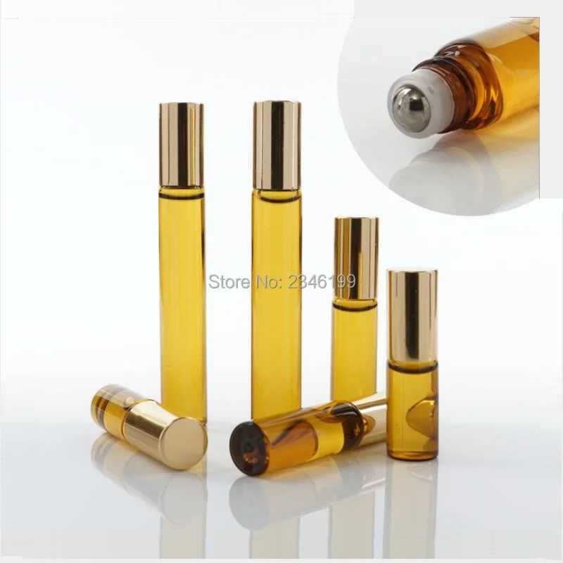 50 Pieces/lot, 3ML 5ML 10ML Glass Roll on Bottle Amber Aroma Essential Oil Packing Vial Brown Roller Bottle Gold Cap Steel Bead