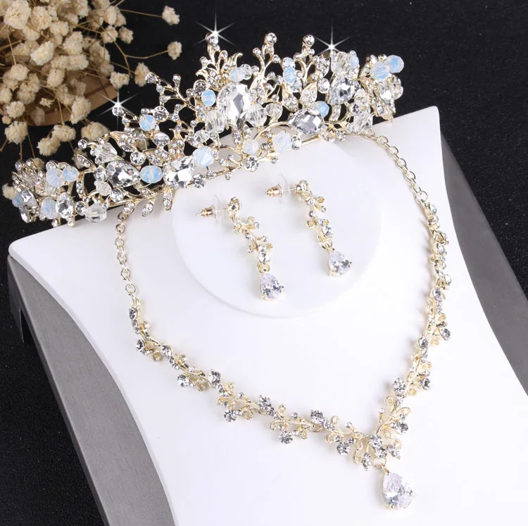 Baroque Noble Crystal Bridal Jewelry Sets Vintage Gold Color Rhinestone Wedding Tiara Necklace Earrings for Bride Hair Ornaments