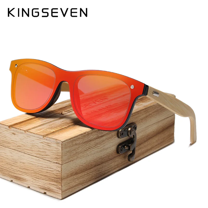 

KINGSEVEN DESIGN Trendy Polarized Lens Sunglasses Men Bamboo Women Brand UV400 Goggles Red Mirror Eyewear Sun Glasses Shades