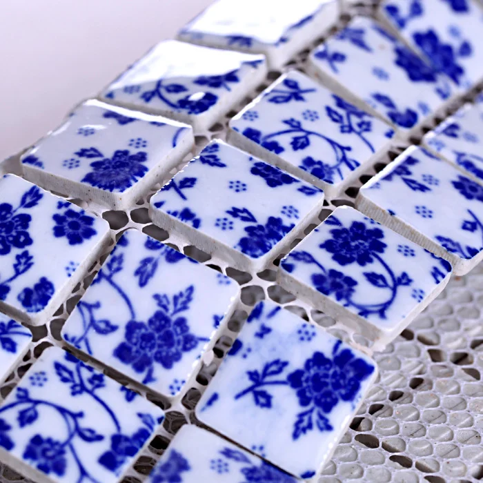 25mm Ceramic blue and white porcelain flower design mosaic tile ,DIY bathroom wall floor pool kitchen backsplash, mesh mounted