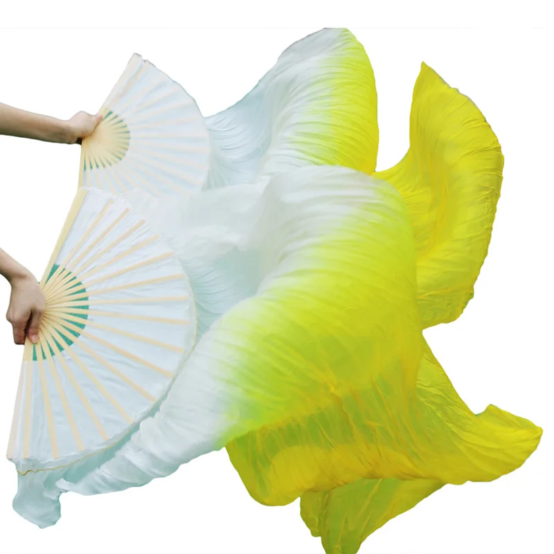 Accesorios de baile de varillas de bambú hechos a mano, abanicos de danza del vientre de seda Natural, 1 pieza para mano izquierda + 1 pieza para mano derecha, abanico de seda blanco + amarillo