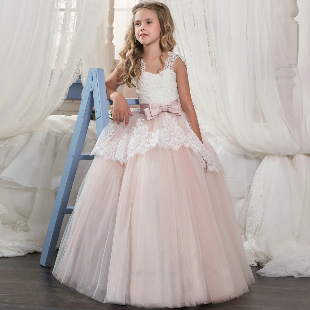 

pink long party dresses for girls 2-12 years tulle ball gowns for kids with bow lace tulle flower girls dresses for wedding 2018