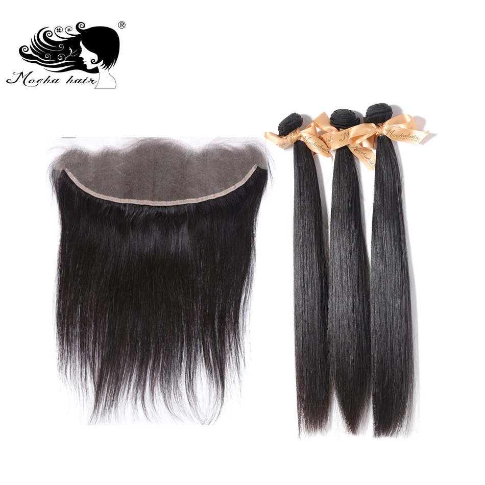 MOCHA Hair-Cabello Humano liso brasileño, accesorio capilar virgen con cierre Frontal de encaje, 10A, 3 unidades, 13x4, nudo blanqueado, 100%