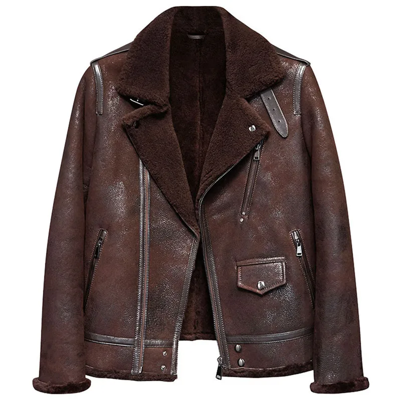 Denny&Dora B3 Men's Shearling Leather Jacket Original Flying Jacket Men's Fur Coat Pilots Coat Warm Casual Outerwear