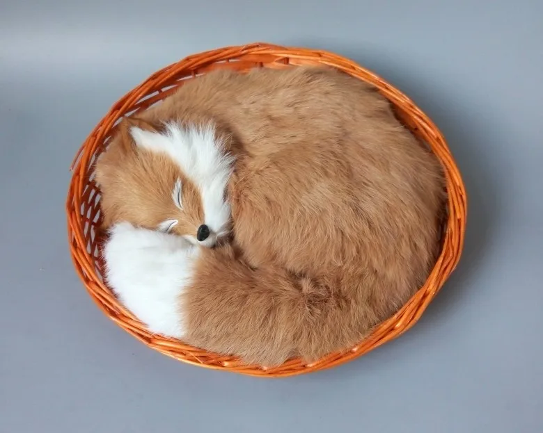 

large 28x28cm simulation sleeping fox toy with basket lifelike furs brown fox model decoration gift t157