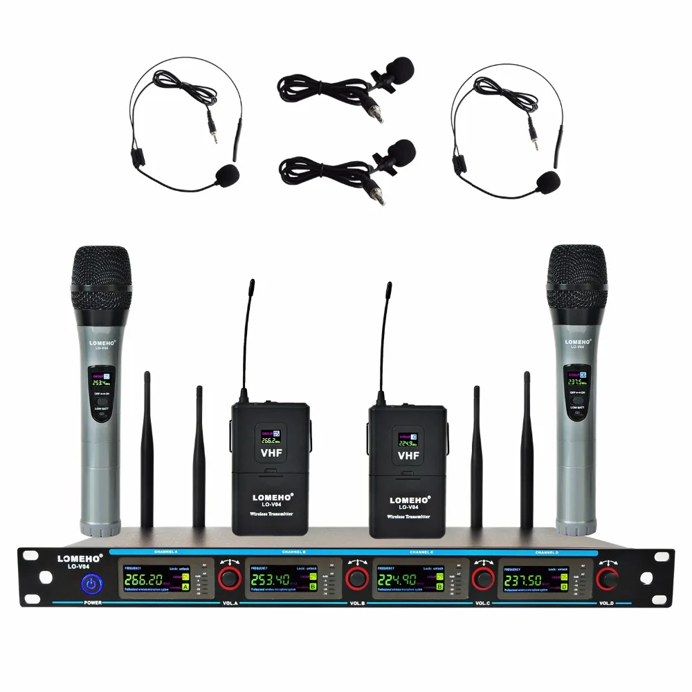 LOMEHO LO-V04 4 Channels 2 Handheld Mic and 2 Headset 2 Lavalier Karaoke KTV Party Church VHF Wireless Microphone for