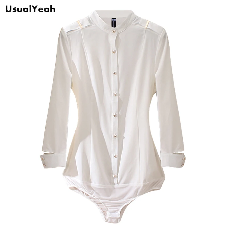 UsualYeah  New Women Fashion Office Lady Body Blouse Button Slim Fit Stand Collar Shirt Black Beige Blusas S-XL SY0337