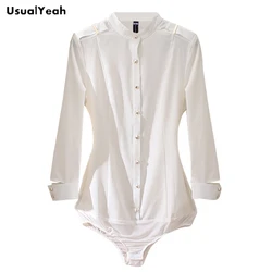 Usalyes-Blusa entallada de oficina para mujer, camisa de cuello alto con botones, color negro y Beige, S-XL, SY0337